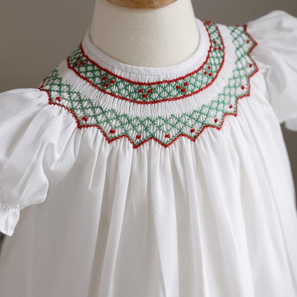 White Smocked Feltman Brothers Bishop Dress Red Green Embroidery NWT - Picture 3 of 6